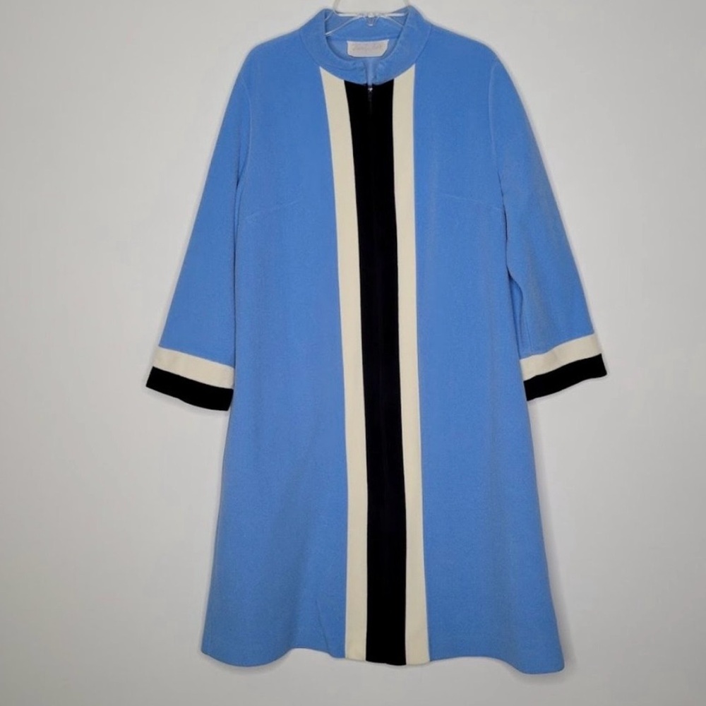 Vintage 1960s Vanity Fair Blue Striped Mod Dress Coat Robe